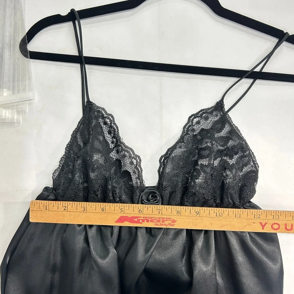Black Satin Lace Babydoll Full Length Slip Dress Gown Lingerie XS/S Romantic